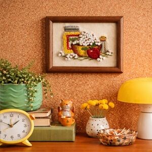 Vintage Handcrafted Embroidered Art in Wooden Frame Kitchen Popcorn & Salt 🍿🧂🍎